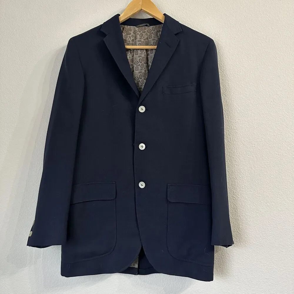 Lonbrooke Vintage Men's Suit Jacket Navy Blue 3 Button Closure 70's Preppy Retro